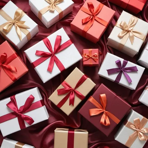 Prompt: Gift boxes are neatly arranged on crumpled silk