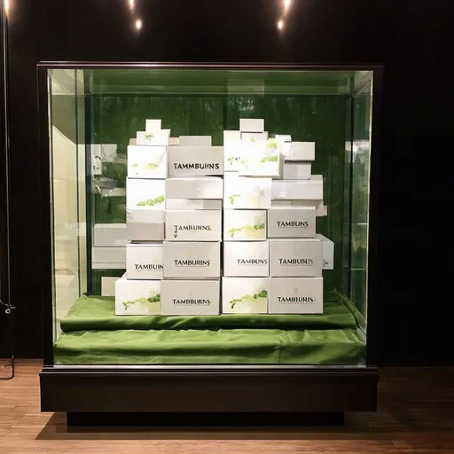 Prompt: A glass showcase with a high-quality green cloth is listed with high-quality white boxes reading "TAMBURINS," and this scene looks high-angle