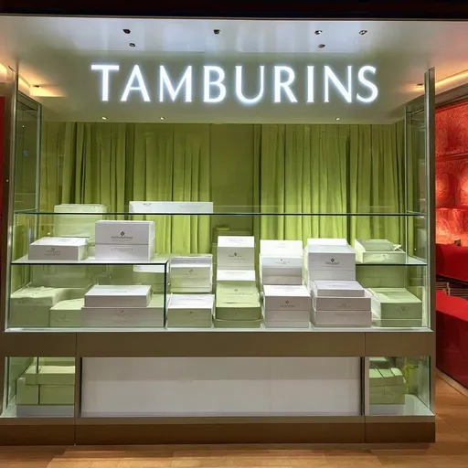 Prompt: Look very closely at the glass showcase decorated with light green high-end cloth with luxurious white boxes that read "TAMBURINS" from above