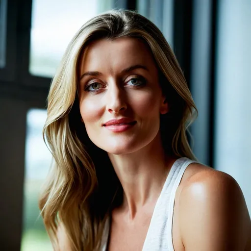 Prompt: A photorealistic image of an Australian model with fair skin, highlighting realistic skin details and veins, captured in natural light. The close-up shot, taken with a Canon EOS R6 Mark II and an 85mm lens, shows her sitting by a large window with soft sunlight casting gentle shadows on her face. Rendered in 8K, with high resolution and hyper-detailed features, emphasizing her serene expression and natural beauty.