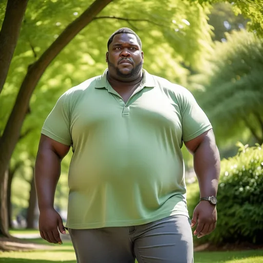 Prompt: big black man, (obese physic), standing confidently, captivating expression, outdoors in a vibrant green park, warm sunlight streaming through trees, casting dappled shadows, a serene and welcoming atmosphere, wearing casual modern clothing, emphasizing strength and positivity, high definition, ultra-detailed.