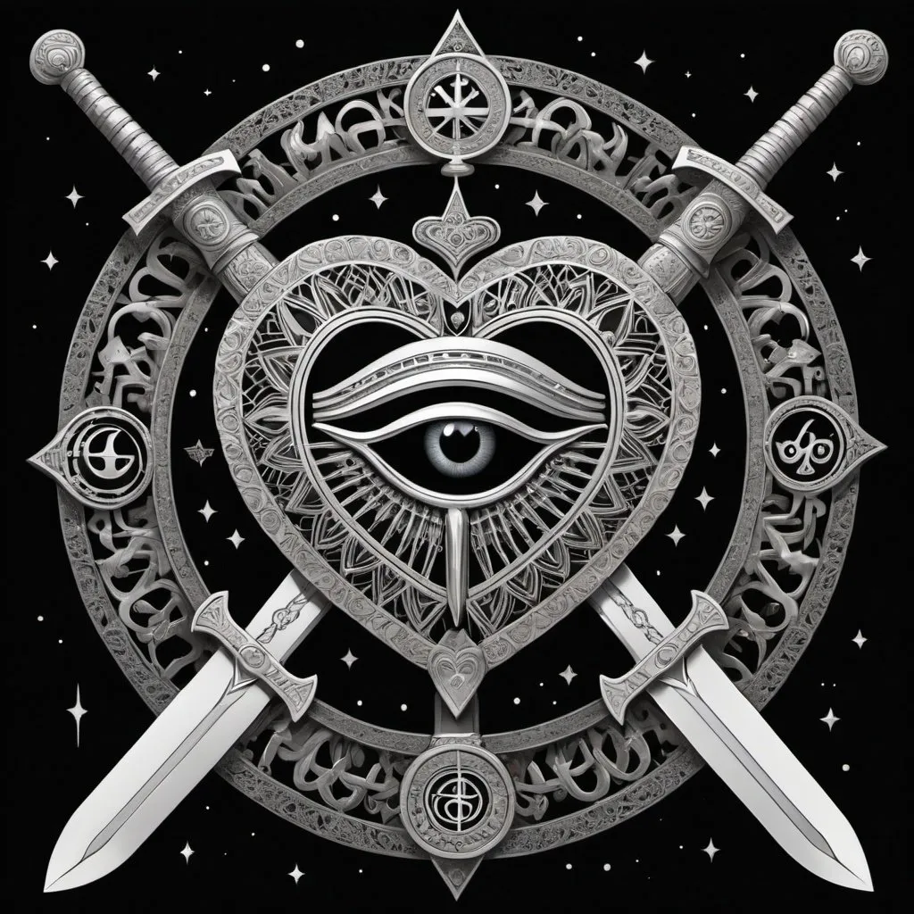 Prompt: 
"In the center, a heart with the Eye of Horus inside.
Three swords pierce the heart, with runes engraved on the blades.
Around the heart, a detailed mandala incorporating all elements.
Above the heart, a crescent moon with small stars scattered around.
Small astrological symbols decorate the area around the swords and heart."