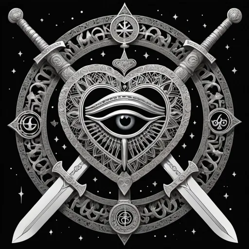 Prompt: 
"In the center, a heart with the Eye of Horus inside.
Three swords pierce the heart, with runes engraved on the blades.
Around the heart, a detailed mandala incorporating all elements.
Above the heart, a crescent moon with small stars scattered around.
Small astrological symbols decorate the area around the swords and heart."