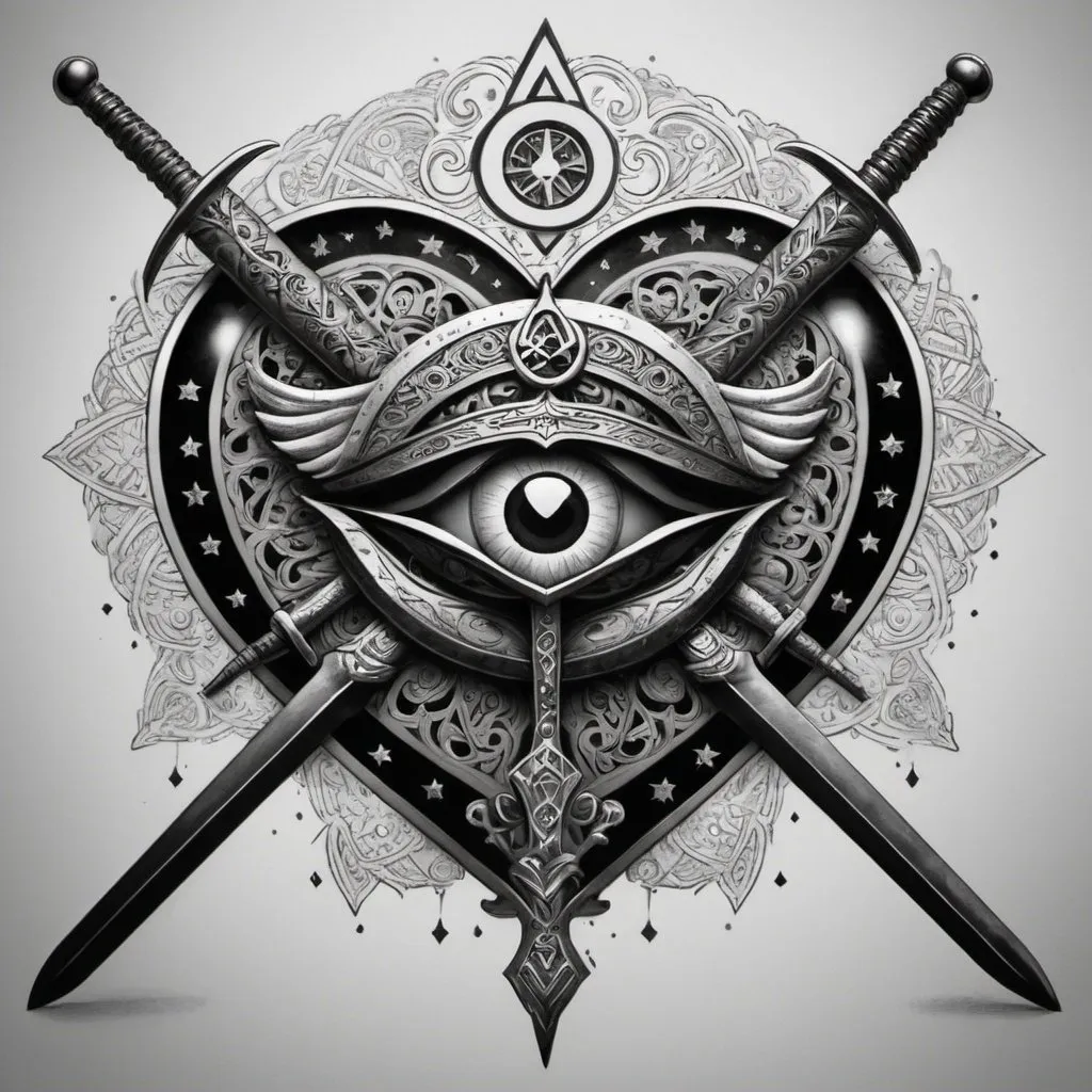 Prompt: tatoo style

"In the center, a heart with the Eye of Horus inside.
many swords pierce the heart , but 3 of them are bigger with runes engraved on the blades.
Around the heart, a detailed mandala incorporating all elements.
Above the heart, a crescent moon with small stars scattered around.
astrological symbols decorate the area around the swords and heart with some cosmic envolvement
(please 3 swords, not 2)
