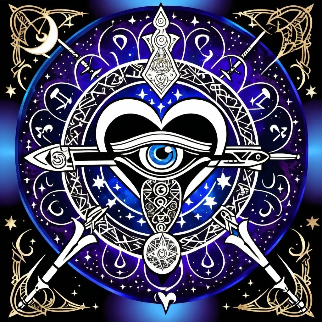 Prompt: In the center, a heart with the Eye of Horus inside.
many swords pierce the heart , but 3 of them are bigger with runes engraved on the blades.
Around the heart, a detailed mandala incorporating all elements.
Above the heart, a crescent moon with small stars scattered around.
astrological symbols decorate the area around the swords and heart with some cosmic envolvement
