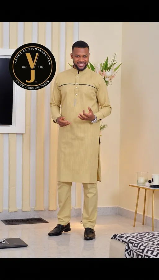 Prompt: Dressed in a stylish, beige attire with subtle vertical stripes, a well-groomed man stands confidently in a contemporary indoor setting. His outfit features a unique design with sleek black lines accentuating the front, while he gestures expressively with one hand, suggesting a friendly demeanor. The background showcases a modern aesthetic, with light-colored walls complemented by a decorative TV unit and elegant furnishings that include a small side table adorned with decorative items. The overall ambiance exudes sophistication, with soft lighting enhancing the warm tones of the scene. The man’s polished black shoes complete his chic look, reflecting a sense of modern elegance.