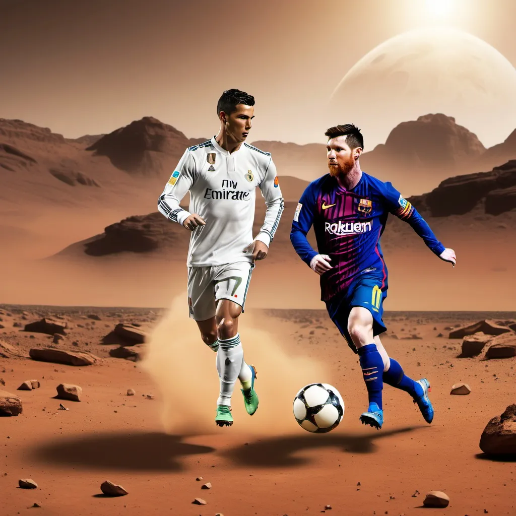 Prompt: Cristiano ronaldo contro Leo Messi su marte
