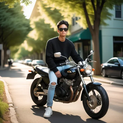 Prompt: Draped in sunlight, a young man sits casually on a black motorcycle, his confident posture exuding a cool demeanor. He wears stylish sunglasses and a fitted black sweater paired with light blue jeans, while his sneakers add a modern touch to his look. The background features a softly blurred scene of lush green trees and hints of buildings, suggesting an outdoor setting likely during the day. The bright, clear sky complements the overall cheerful atmosphere, and the slight bokeh effect draws attention to him as the focal point against the tranquil street. This image emanates a vibe of leisure and youthful exuberance, capturing a moment of relaxation and style.