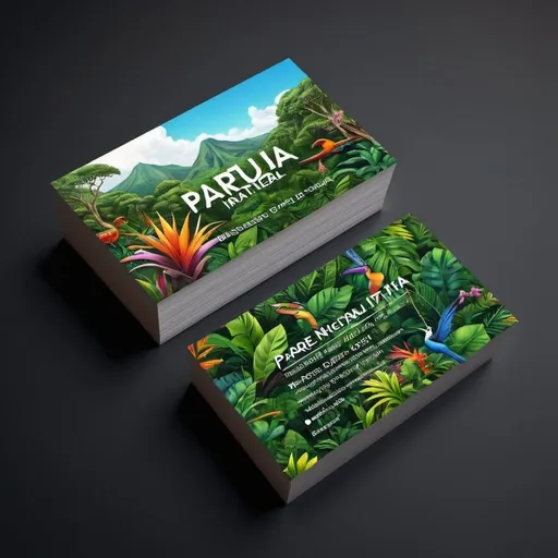 Prompt: Detailed 3D rendering of 'Parque Nacional de Itatiaia' business card, lush greenery, colorful fauna and flora, high quality, realistic, tropical, vibrant colors, professional design, detailed typography, polished finish, glossy, bright lighting