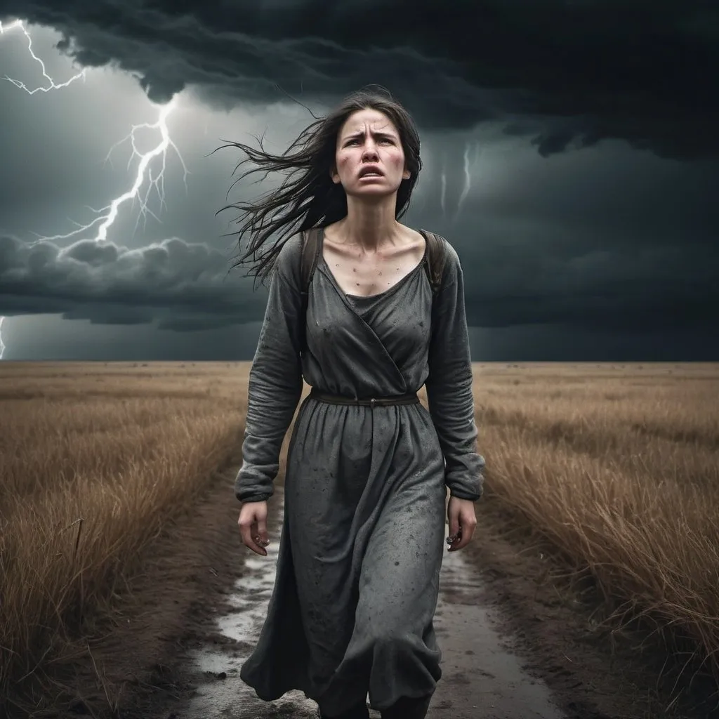 Prompt: A woman in anguish walks through a desolate field under a stormy sky.

Details:

Woman:

Appearance:
Slender and frail figure, suggesting physical weakness and vulnerability.
Long, disheveled hair, emphasizing a sense of neglect and despair.
Torn and tattered clothing, hinting at poverty and hardship.
Face contorted in pain, eyes filled with sorrow, conveying deep emotional distress.
Expression:
A mixture of despair, resignation, and exhaustion.
Hints of anger and defiance, suggesting an inner struggle against adversity.
Body language:
Shoulders slumped, head hung low, conveying a sense of defeat and hopelessness.
Slow, labored steps, suggesting physical and emotional fatigue.
Arms wrapped tightly around herself, indicating a need for self-protection and comfort.
Setting:

Landscape:
Vast, barren field stretching to the horizon, emphasizing isolation and loneliness.
Withered plants and dead trees, symbolizing decay and loss.
Dark, ominous clouds looming overhead, creating a sense of impending doom.
Weather:
Strong, gusting winds whipping through the field, representing the harshness and unforgiving nature of the world.
Driving rain or sleet pelting down, adding to the bleak and desolate atmosphere.
Lightning flashes and thunderclaps, creating a sense of dramatic tension and foreboding.
he image should convey a profound sense of sadness, despair, and desolation.
The woman's figure should be the focal point, drawing the viewer's attention to her suffering.
The bleak setting should reinforce the emotional impact of the scene
