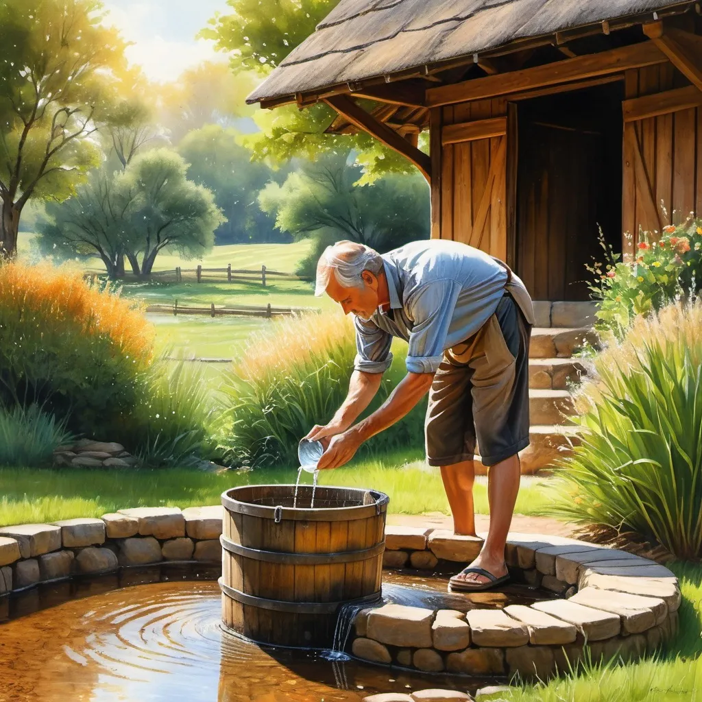 Prompt: A man drawing water from a well, (vivid imagery), warm earthy tones, (gentle sunlight filtering through trees), serene countryside background, weathered wooden bucket, detailed expressions of concentration, rural setting, lush greenery surrounding the well, (highly detailed), crisp focus, emphasizes tranquility and the beauty of nature. Realistics