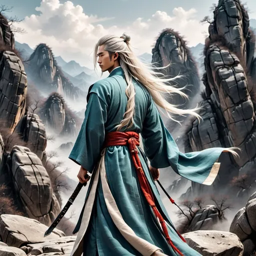 Prompt: A man in ancient Chinese clothing stands with his back turned and holding a sword on a high rocky mountain. His long white hair flutters in the wind. The sky is cloudy. He is a young man, about 18-20 years old, with a handsome face like a god.