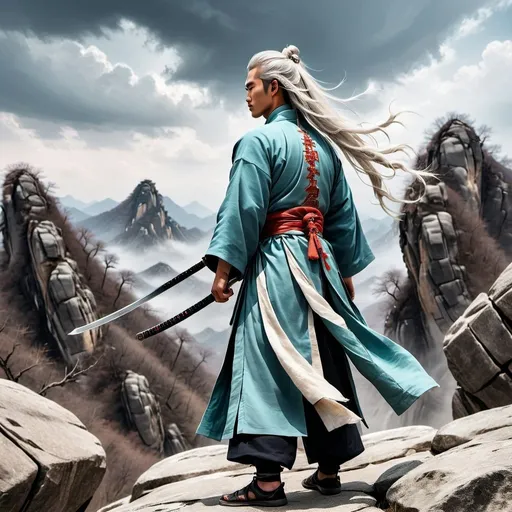 Prompt: A man in ancient Chinese clothing stands with his back turned and holding a sword on a high rocky mountain. His long white hair flutters in the wind. The sky is cloudy. He is a young man, about 20 years old.