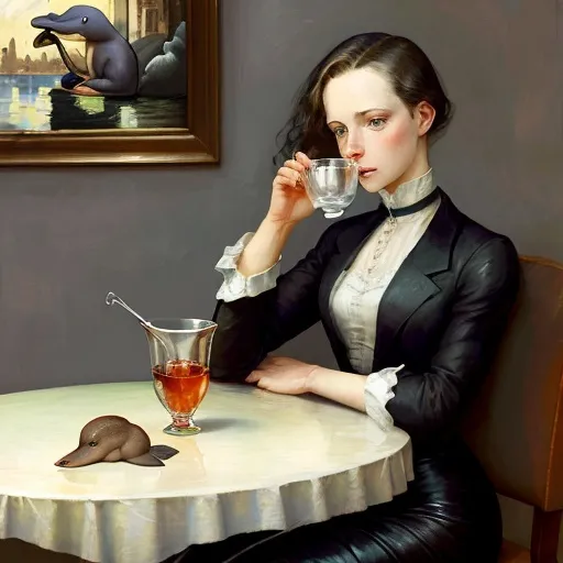 Prompt: Rebecca fergusson drinking a Glass of tea
, a platypus sitting on the table
