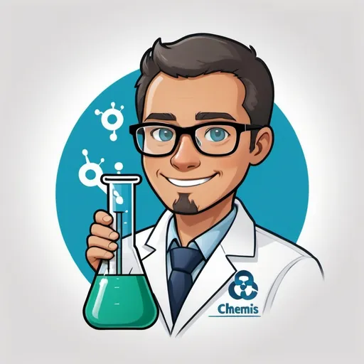 Prompt: Symbolic Persona: "Chemis"Appearance: A friendly, knowledgeable character with a sleek, modern design. "Chemis" could be represented as a personified test tube or a beaker with a smile, wearing lab glasses and a lab coat, holding a pipette in one hand and a clipboard in the other.Colors: Use a palette with shades of blue, green, and white to represent cleanliness, precision, and professionalism.Details: The clipboard can have the symbol of a chemical compound, emphasizing scientific accuracy. The lab glasses can have a slight glow to symbolize keen observation and analysis.Icon:Design: A circular icon featuring a simplified version of "Chemis." The icon could show just the test tube or beaker character with lab glasses, with a small "Chemis " symbol on one side to represent his name : Blue for the background, white black for the character, and a dark blue accent for the details.