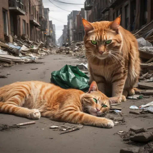 Prompt: Amid the devastation of a crumbled urban landscape, a strikingly large orange cat with soulful green eyes gazes down at a wounded young man lying on the ground. The cat’s expression is heavy with concern, highlighted by a single tear rolling down its cheek, contrasting sharply with the grim surroundings, which are filled with debris and shadows. The man, clad in a dark shirt, bears visible injuries, with blood staining his arm and face, creating a haunting scene of vulnerability and companionship. The soft, warm tones of the cat's fur juxtapose the bleak, gray environment, infusing the moment with an emotional intensity that speaks to themes of loss and connection. The overall mood is one of poignant sorrow, framed by the surreal juxtaposition of caring amidst chaos.