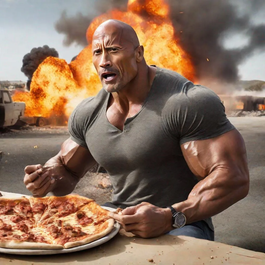 Dwayne Johnson eating a pizza whilst a huge explosio