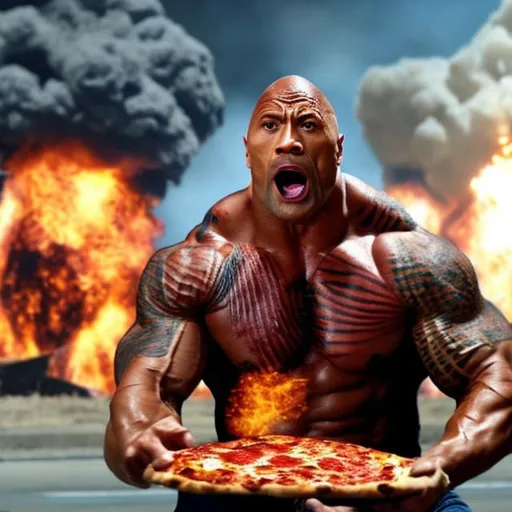 Prompt: Dwayne Johnson eating a pizza whilst a huge explosion happens behind him