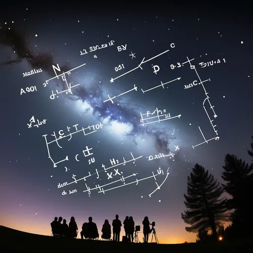 Prompt: Generate an image of calculus formulas against the night sky at a star party.
