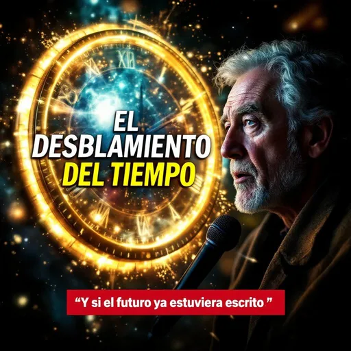 Prompt: Create a viral YouTube thumbnail with a cosmic and mysterious atmosphere. The background should feature a glowing clock and abstract cosmic energy, symbolizing time and alternate realities. On the right, include a serious older man speaking into a microphone (similar to Jean-Pierre Garnier Malet). Use short, bold, Spanish text in high-contrast colors (white, yellow, and red):

Main explosive title: EL DESDOBLAMIENTO DEL TIEMPO

Impact phrase (bottom in red highlight): ¿Y si el futuro ya estuviera escrito?

Make it bold, dramatic, and designed to maximize clicks (CTR). No logos or watermarks.