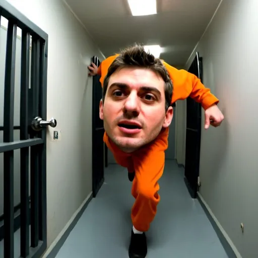 Prompt: A picture of a prisoner who is escaping from prison with orange clothes for tumbnail youtube