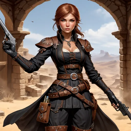 Prompt: Dungeons and Dragons character art of petite female gunslinger, she's noble and gambling charlatan, she wears a black peasant dress and holds a pepperbox firearm gun, digital art, high detailed, masterpiece, dynamic pose shooting sniper, Percival de Rolo as female