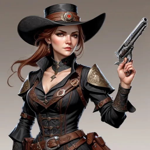 Prompt: Dungeons and Dragons character art of female gunslinger, she's noble and gambling charlatan, she wears a black victorian dress and holds a pepperbox firearm gun, digital art, high detailed, masterpiece, dynamic pose shooting sniper