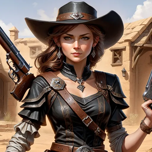 Prompt: Dungeons and Dragons character art of petite female gunslinger, she's noble and gambling charlatan, she wears a black peasant dress and holds a pepperbox firearm gun, digital art, high detailed, masterpiece, dynamic pose shooting sniper, Percival de Rolo as female