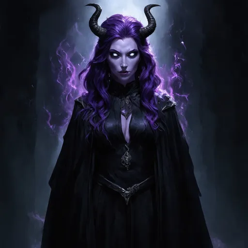 Prompt:  tiefling sorceress with long purple hair and purple skin and long horns and white eyes, she is wearing black rogueish robes, she is warlock that is given magic by undying undead patron, highly detailed, dramatic lighting