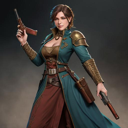 Prompt: Dungeons and Dragons character art of female gunslinger, she's noble and gambling charlatan, she wears a dress and holds a pepperbox firearm gun, digital art, high detailed