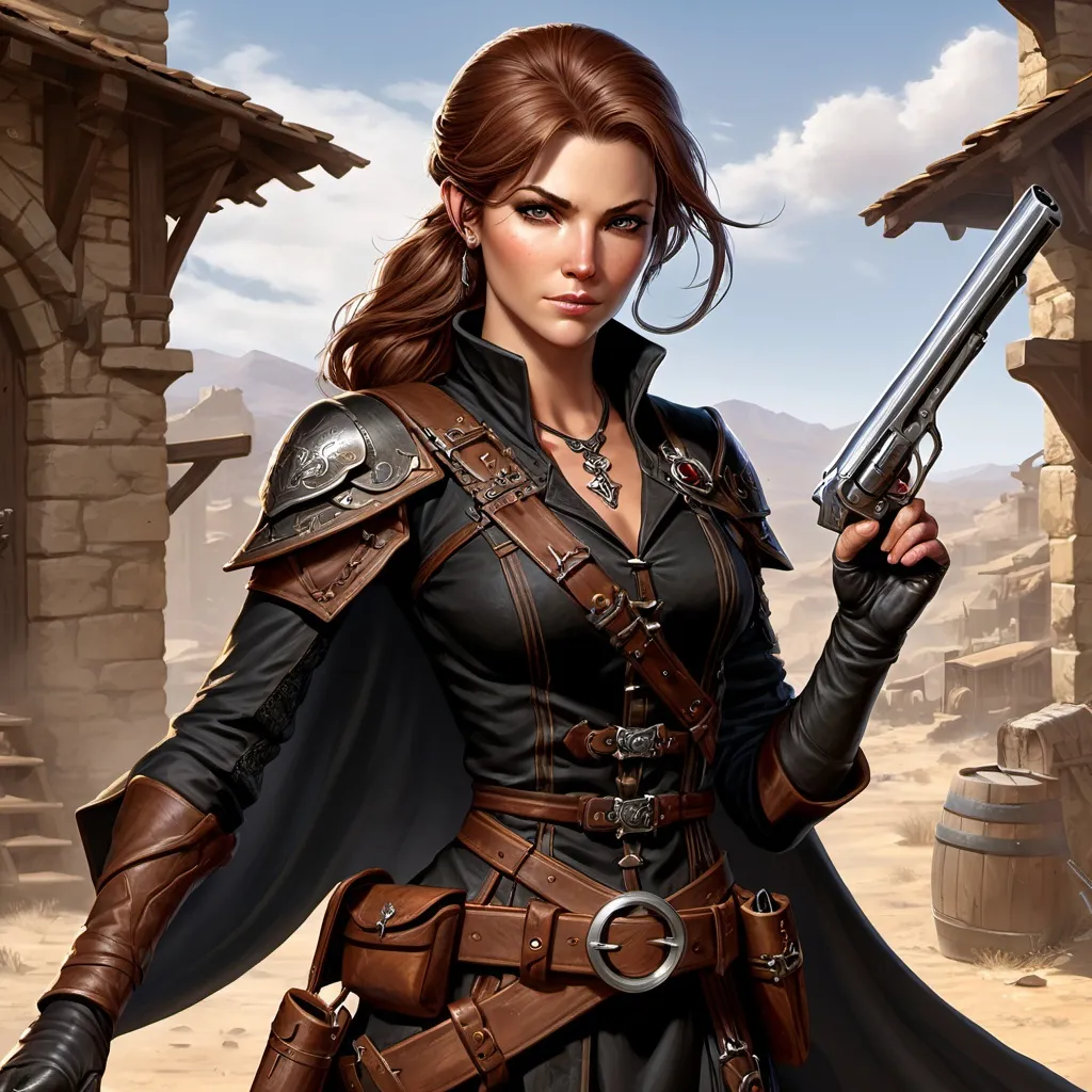 Prompt: Dungeons and Dragons character art of female gunslinger, she's noble and gambling charlatan, she wears a black peasant dress and holds a pepperbox firearm gun, digital art, high detailed, masterpiece, dynamic pose shooting sniper, Percival de Rolo as female.