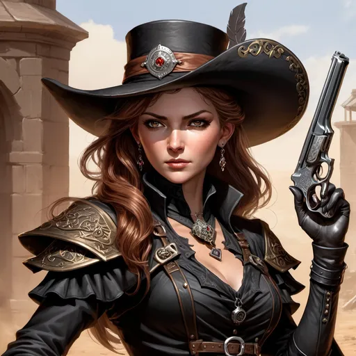 Prompt: Dungeons and Dragons character art of female gunslinger, she's noble and gambling charlatan, she wears a black victorian dress and holds a pepperbox firearm gun, digital art, high detailed, masterpiece, dynamic pose shooting sniper