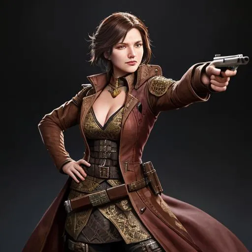 Prompt: Dungeons and Dragons character art of female gunslinger, she's noble and gambling charlatan, she wears a dress and holds a pepperbox firearm gun, digital art, high detailed, masterpiece, dynamic pose shooting sniper