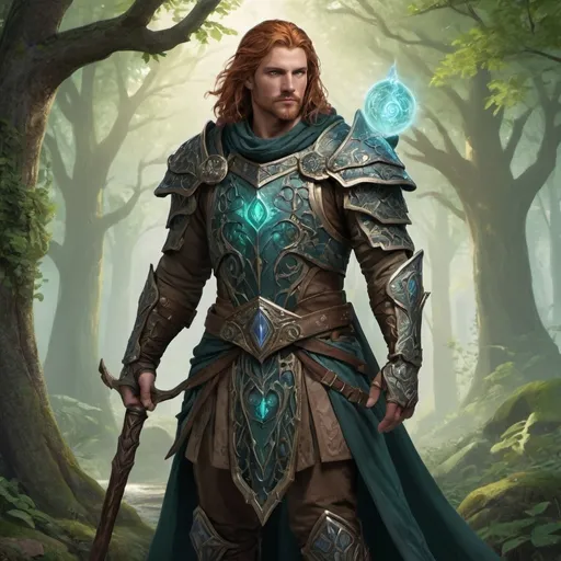 Prompt: Design a character named Thorne, an ancient protector infused with mystical powers. Thorne is a formidable guardian who combines elements of nature with arcane magic. He should have a blend of ancient armor and organic, natural elements that reflect his connection to both the earth and magical realms.
Key Elements: 
Appearance: Thorne should have a rugged yet majestic appearance, with intricate, nature-inspired armor that appears to be forged from both stone and enchanted wood. His attire should include flowing robes or cloaks with arcane symbols and glowing runes.
Weapons and Gear:Incorporate a staff or magical weapon adorned with natural elements like vines, crystals, or enchanted stones. The staff should have an ancient, mystical design.
Color Palette: Use earthy tones mixed with vibrant, magical hues. Greens, browns, and grays for natural elements, with accents of glowing blues or purples for magical effects.
Facial Features: Thorne’s face should reflect wisdom and strength, with piercing eyes that hint at his magical abilities. Consider adding a beard or other distinguishing marks to emphasize his age and experience.
Pose and Expression:Show Thorne in a dynamic pose, perhaps casting a spell or standing guard. His expression should convey a sense of calm authority and unwavering resolve.
Additional Details: Accessories: Add details such as mystical symbols etched into his armor or staff, and consider including a companion animal or spirit that complements his character.
Background: Provide a simple background or environment that hints at his role as a guardian, such as an ancient forest or magical ruins 