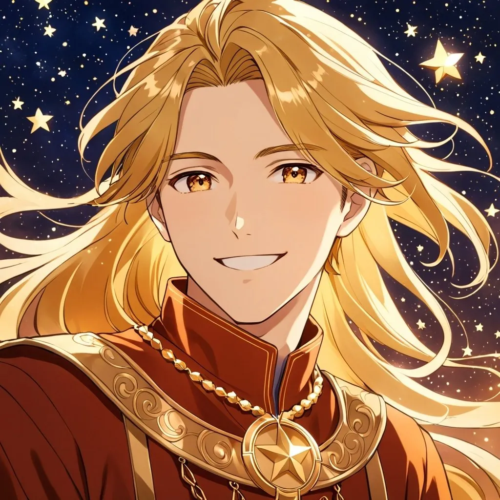 Prompt: Anime depiction of a star-inspired male character with long flowing gold hair and a warm smile, warm color palette, celestial theme, twinkling starry background, fine details in hair strands, bright and cheerful expression, high quality, anime style, warm tones, celestial lighting