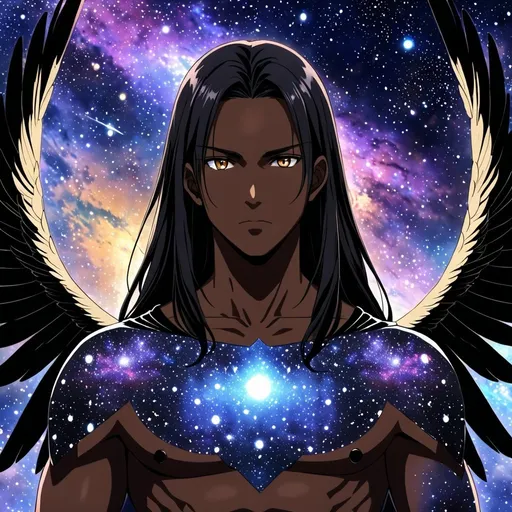 Prompt: Anime illustration of a dark-skinned guy with big black wings, galaxy-themed, galaxy spots on skin, detailed feathers with galaxy patterns, cosmic atmosphere, intense and focused gaze, high quality, galaxy-themed anime, galaxy spots, detailed wings, cosmic lighting, straight hair