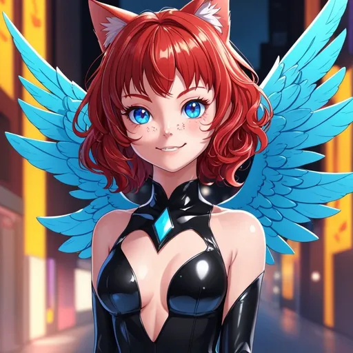Prompt: Cheerful cat woman with vibrant red hair, small angel wings, and bright blue eyes, professional 2D rendering, highres, anime, detailed facial features, bright and colorful, cute design, vibrant lighting, detailed eyes, small wings