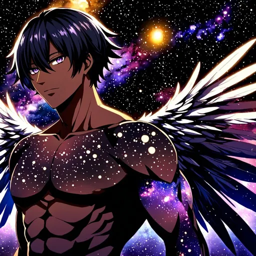 Prompt: Anime illustration of a dark-skinned guy with big black wings, galaxy-themed, galaxy spots on skin, detailed feathers with galaxy patterns, cosmic atmosphere, intense and focused gaze, high quality, galaxy-themed anime, galaxy spots, detailed wings, cosmic lighting, straight short hair, muscular, purple eyes