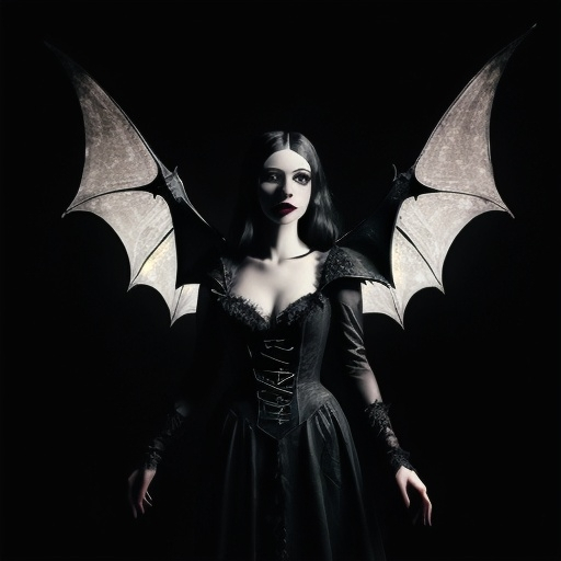 Prompt: (vampire lady), (vampire bat), dark and mysterious ambiance, (ethereal) light illuminating her pale skin, flowing gothic attire, intricate lace details, captivating gaze, wings spread elegantly behind her, dusk background with a moon casting a silver hue, shadows enhancing the drama, ultra-detailed, 4K resolution, cinematic atmosphere.