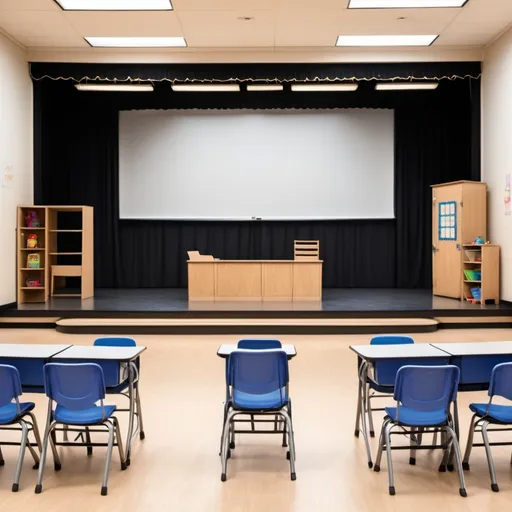 Prompt: Front view image of a stage that is set up to match a drama class. Must have 5 desks, a teacher desk, a white board, a door, clock on the wall, chairs at the 5 desks, a chair at the teacher desk