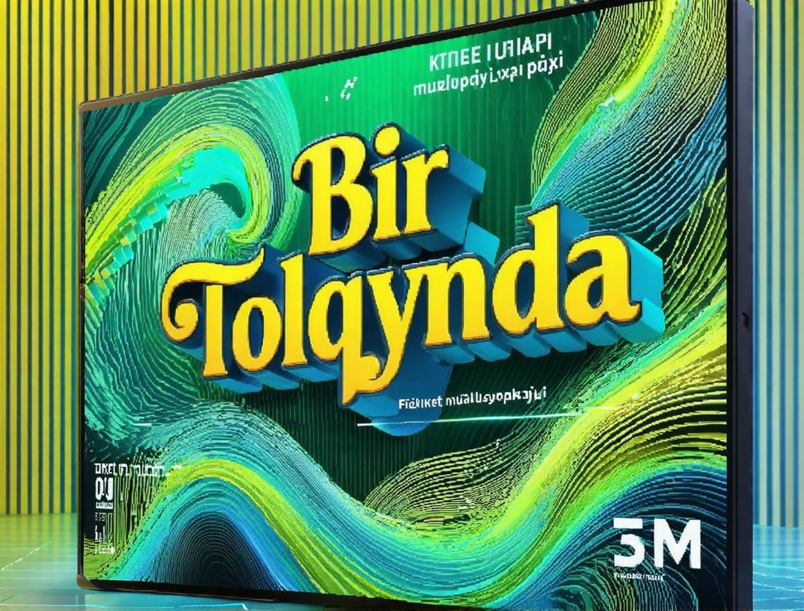 Prompt: a box of "BIR TOLGYNDA" on a blue floor with a yellow-green background and a green and blue swirl, Fikret Muallâ Saygı, holography, behance hd, computer graphics