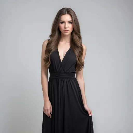 Prompt: woman with black maxi dress, frontal position, long hair in hairdo, no background, white background, nothing else in the image, photo shoot, hyper realistic