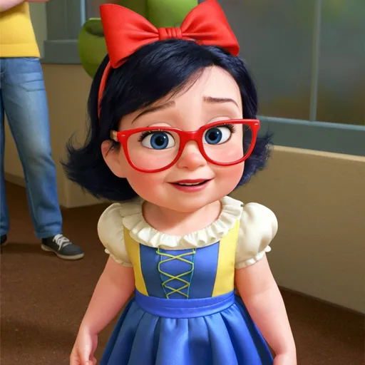 Prompt: Disney - Toddler snowhite with red glasses, happy in a 2 year anniversary party