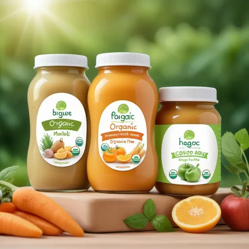 Prompt: Create a product lable model for organic baby foods, natural, and preservative free, with suitable and short brand name, background of nature