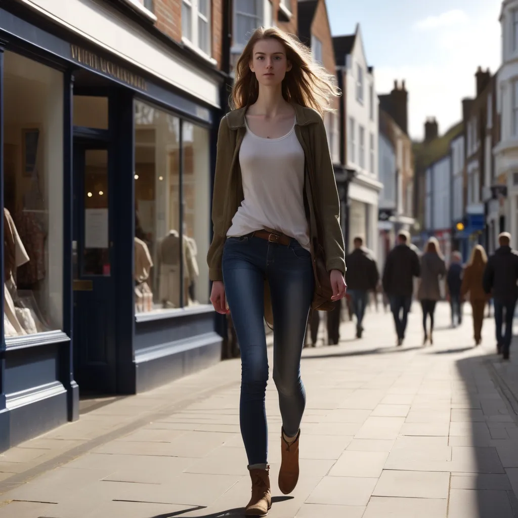 Prompt: Tall young woman walking down the high street, detailed clothing, realistic, natural lighting