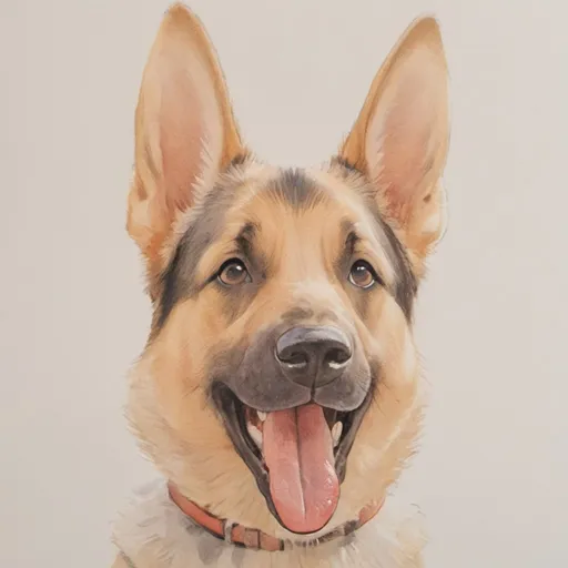 Prompt: white background, close-up on face from front-right side, happy German shepherd dog with his mouth slightly open and his tongue hanging out a little. childrens book illustration
