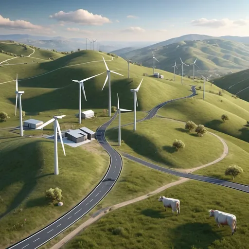 Prompt: 3d rendering of wind farm situated on  hills and ridges. It has well connected access road. It has substation and transmission line passing in the middle with small office. It lies close to township. It has a few cows and sheep grazing too. 