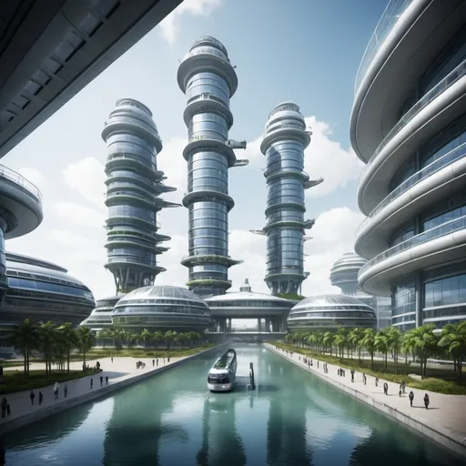 Prompt: science fiction airport, very tall building, external lifts, sustainable and environmentally friendly, water feature, robotic operators
