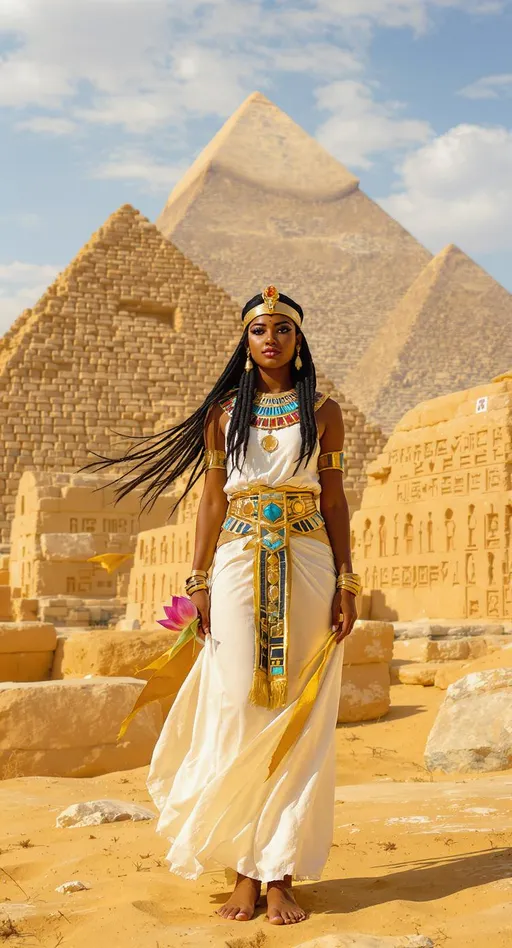 Prompt: 

An ancient Egyptian girl from the Pharaonic era stands in front of the towering pyramids of Giza. She is wearing a long white dress made of soft linen, adorned with a golden belt around her waist. Her jewelry includes a wide collar (the “wesekh”) decorated with colorful gemstones such as turquoise and lapis lazuli. She wears golden bracelets on her wrists and arms, and long dangling earrings. Her hair is long and black, styled into fine braids with a golden ribbon decorating the center of her head.

The girl holds a sacred lotus flower in her hand, and she wears sandals made of natural leather. In the background, the three pyramids are clearly visible under a clear sky and bright sun. There is also an ancient Egyptian relief on a wall behind her, depicting hieroglyphic symbols and some Egyptian gods. The surrounding environment includes golden sands and scattered palm trees.

The lighting in the image reflects the warmth of the sun with soft shadows adding depth to the scene.

---

You can use this description to generate the requested image.