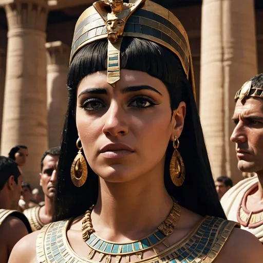Prompt: cinematic,realistic, Show images of Cleopatra VII and her interactions with Julius Caesar and Mark Antony to visually narrate the decline of native rule in Egypt. --ar 16:9 --
